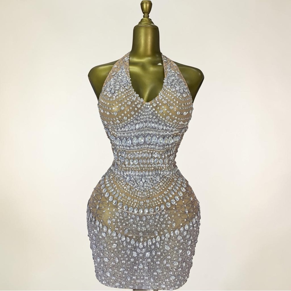 Nu Shuz Key West Nude Halter Silver Rhinestone Embellished Mini Dress